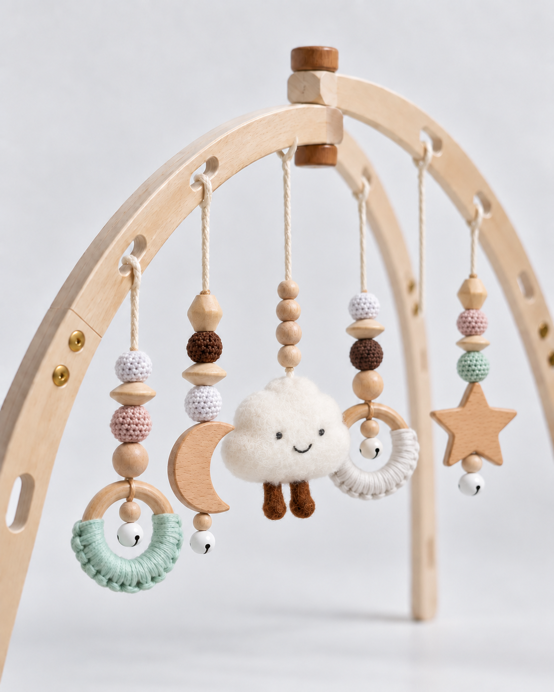PerfectBaby Dream Arch Cloud Charm toys hanging on curved wooden arch