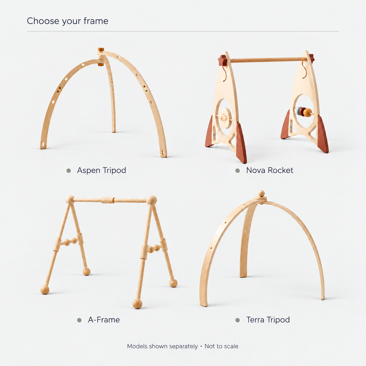Dream Arch frames: Aspen Tripod, Nova Rocket, A-Frame and Terra Tripod. Models shown separately, not to scale.
