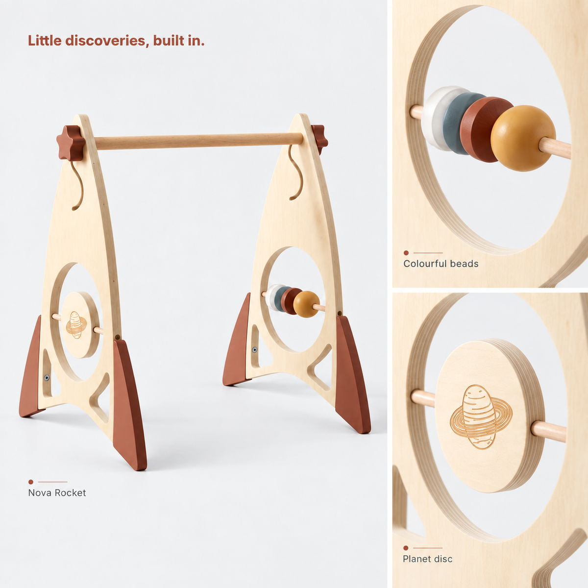 Dream Arch Nova Rocket frame with close-ups of its colourful beads and planet disc.