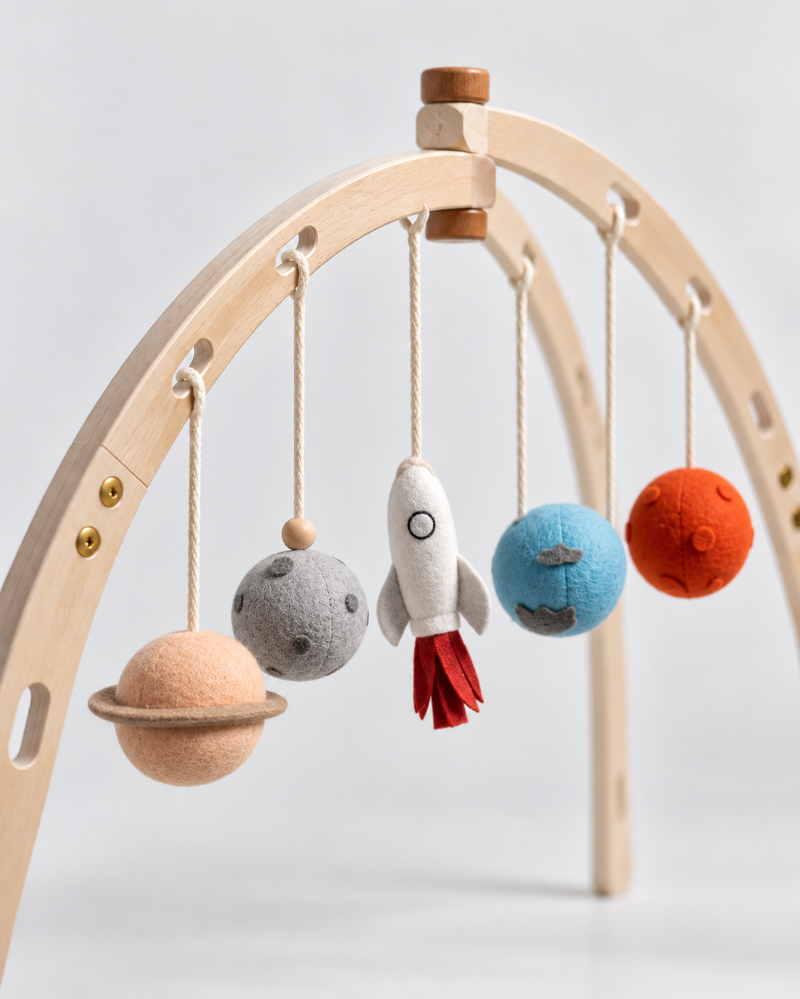 PerfectBaby Dream Arch Planet Journey toys hanging on curved wooden arch