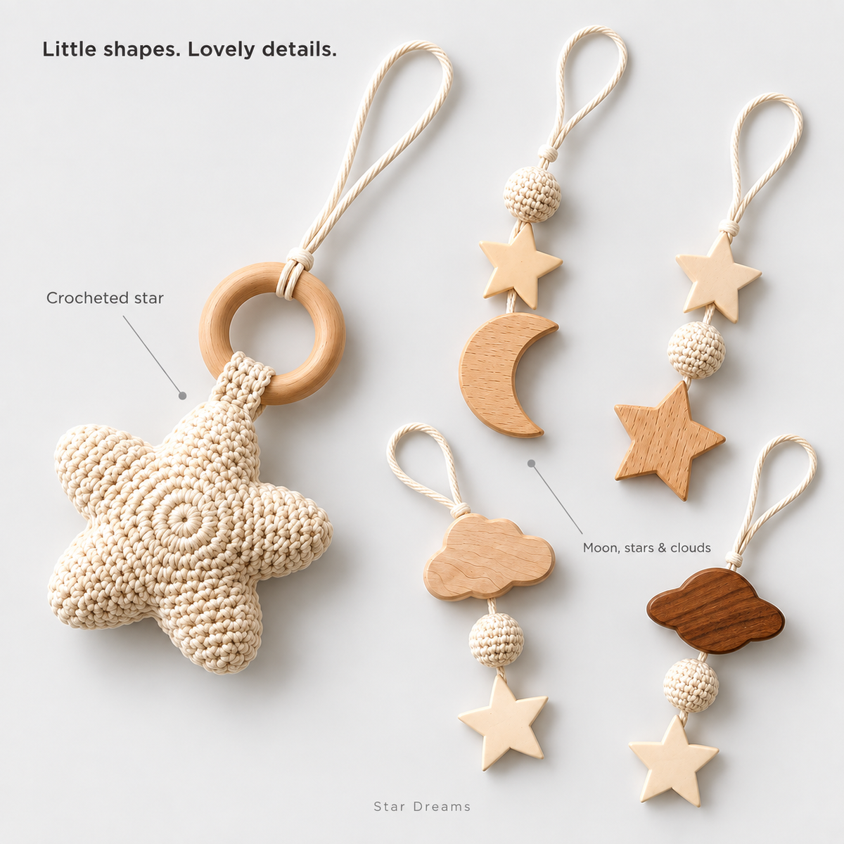 Star Dreams hanging toy details with crocheted star, ring, moon, stars and clouds on a light grey background.