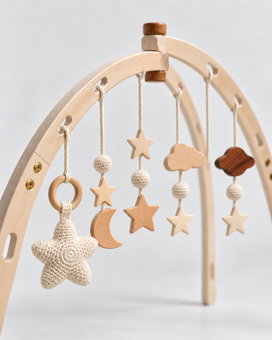 PerfectBaby Dream Arch Star Dreams toys hanging on curved wooden arch