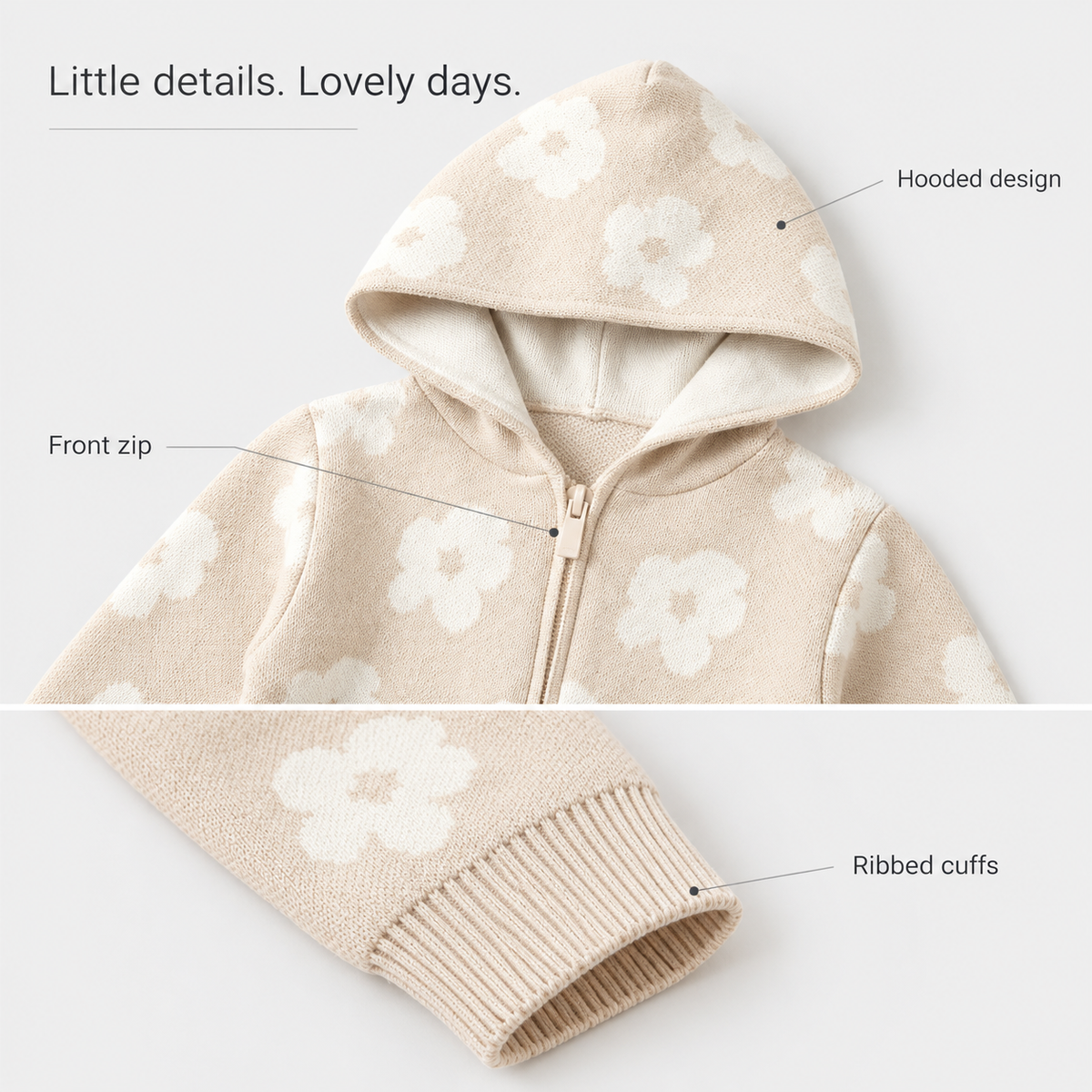Flower Knit Romper details: front zip, hooded design and ribbed cuffs