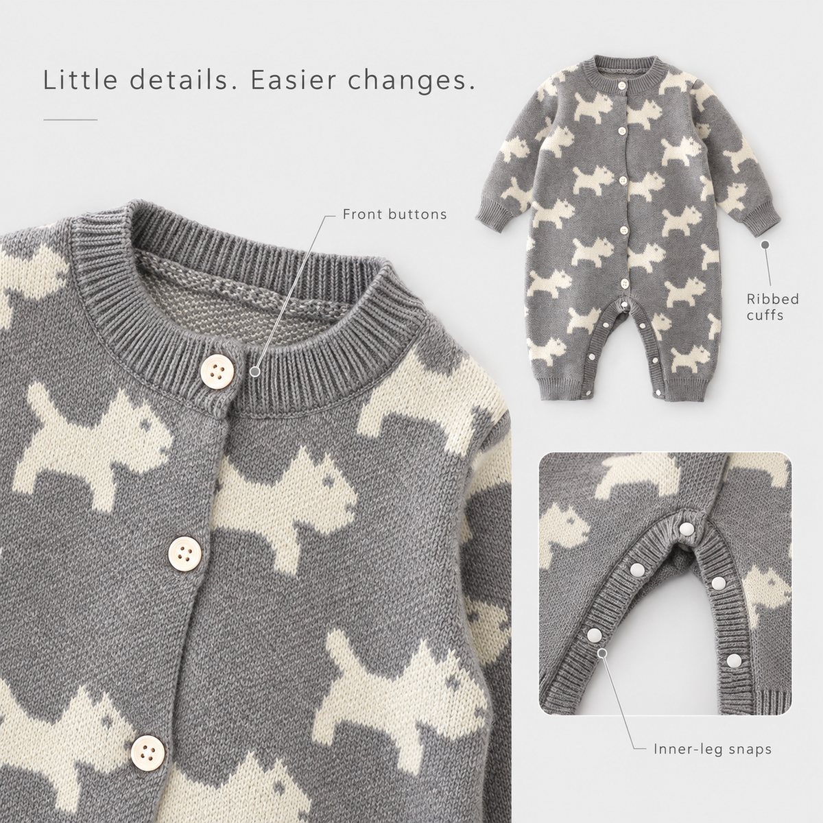 Grey Puppy knit romper details: front buttons, inner-leg snaps and ribbed cuffs