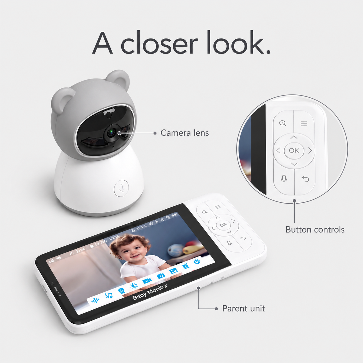 Guardian camera lens, parent unit and button controls shown close up