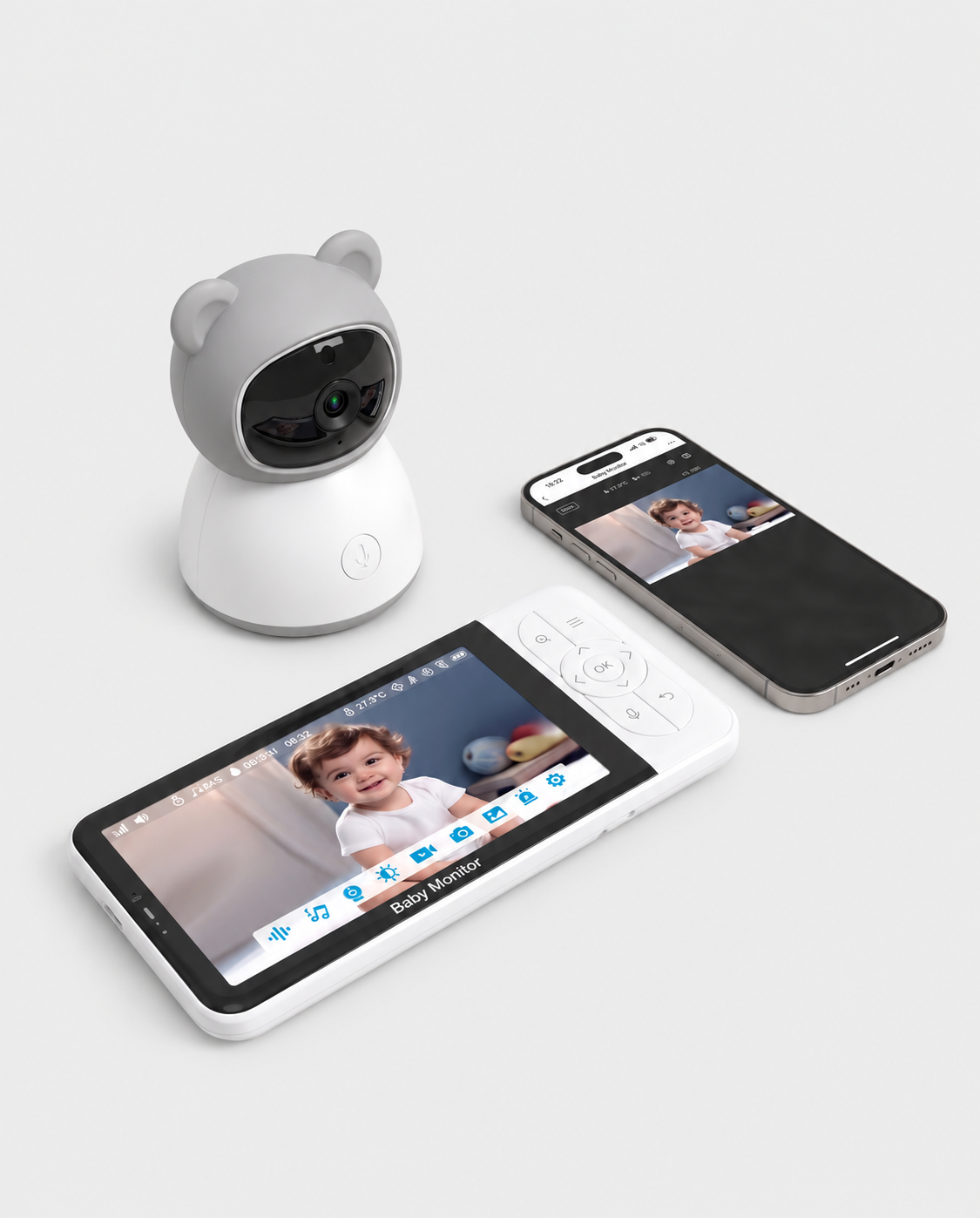 Guardian baby monitor with camera, parent monitor and smartphone app shown on a light grey studio background