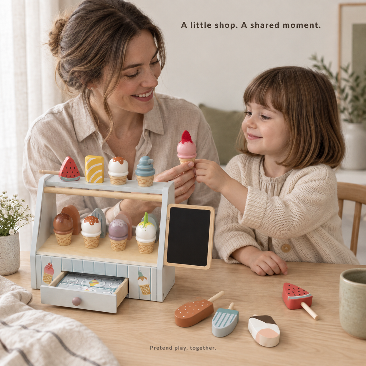 Mother and preschool child playing shop together with the ice cream stand and handing over a toy cone.
