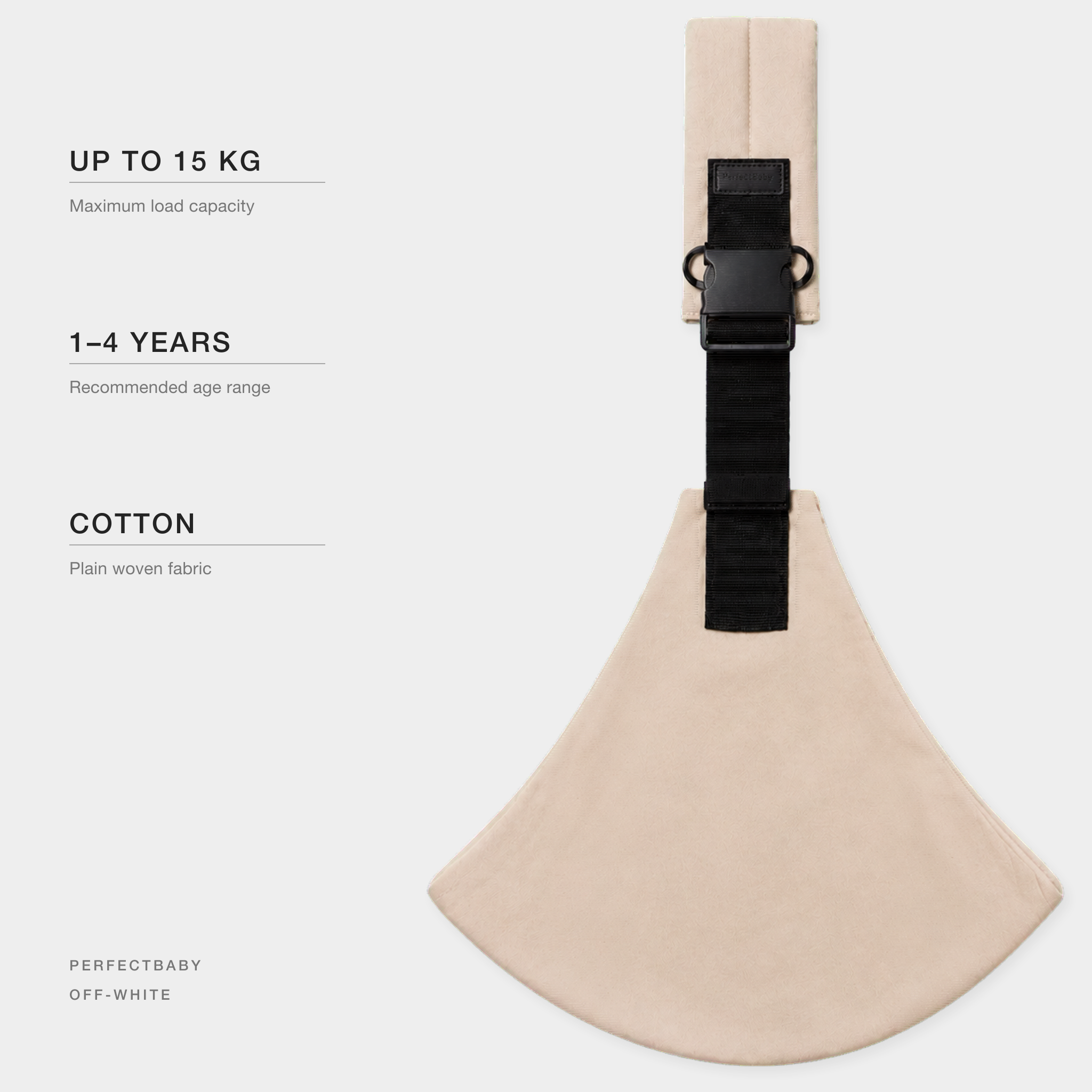 PerfectBaby KANGA Off-White key facts: 15 kg, 1–4 years, cotton