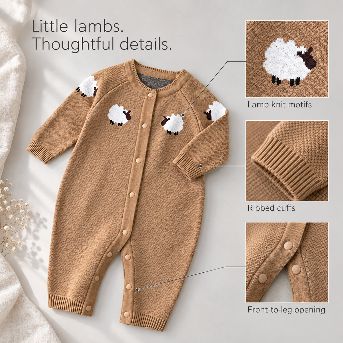 Little Lamb knit romper details: lamb motifs, ribbed cuffs and front-to-leg opening