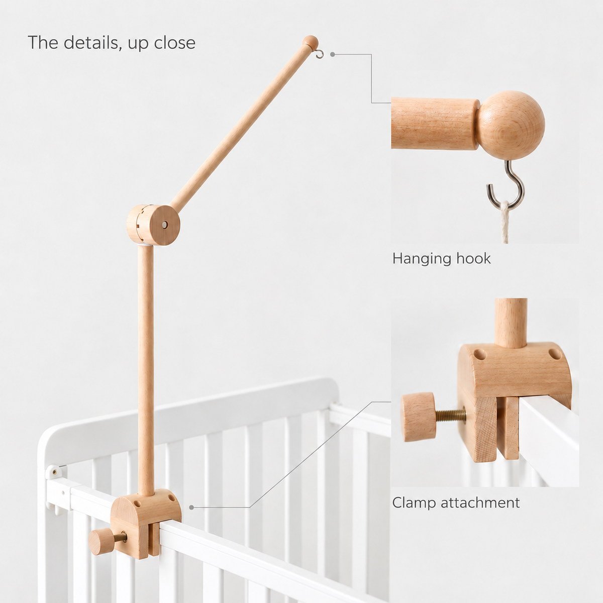 Lullaby Arch 2.0 mounted on a crib rail, with close-ups of the hanging hook and clamp attachment.