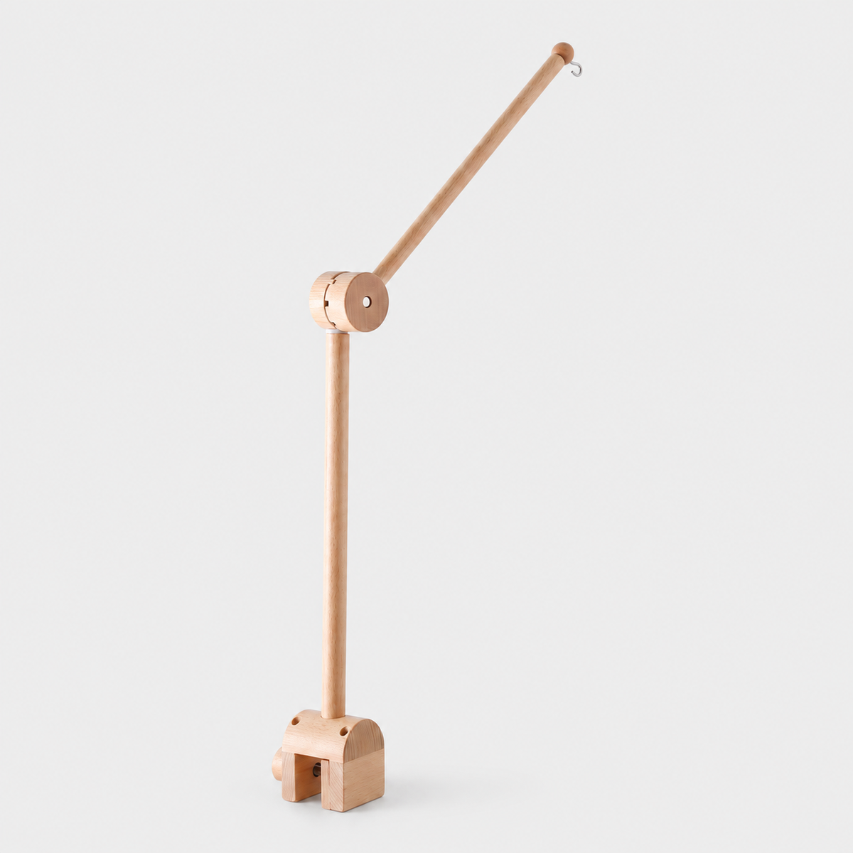 Lullaby Arch 2.0 wooden mobile holder with adjustable joint, hook and screw clamp.