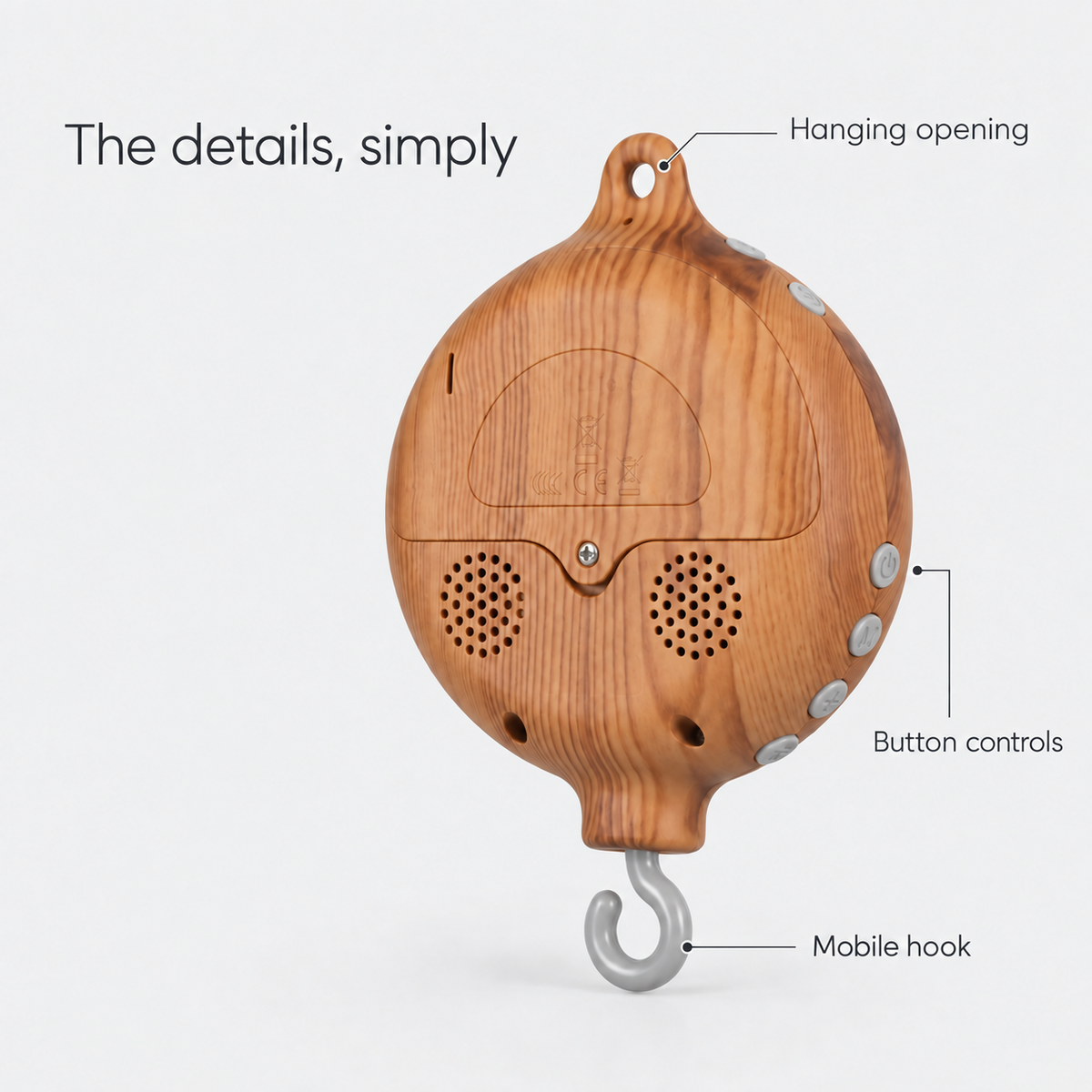 Lullatone hanging opening, button controls and mobile hook details