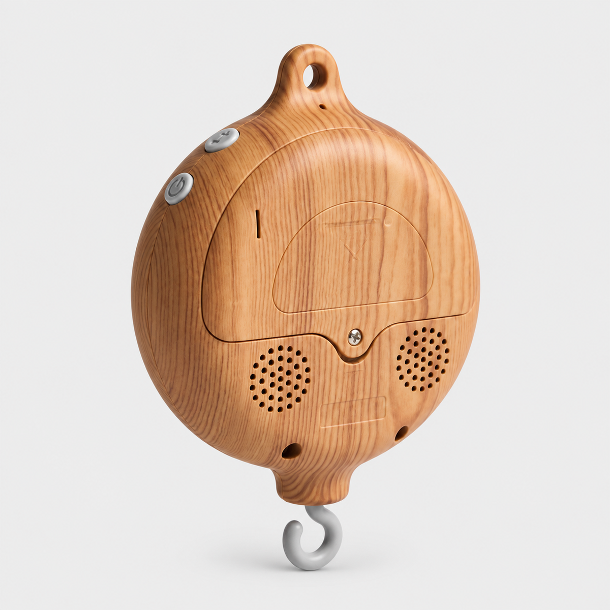 Lullatone music box with wood-grain finish and grey mobile hook