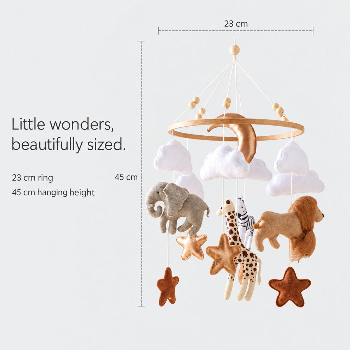 Moon & Stars mobile — approximately 23 cm ring diameter and 45 cm hanging height, supplier SKU 5734367589129