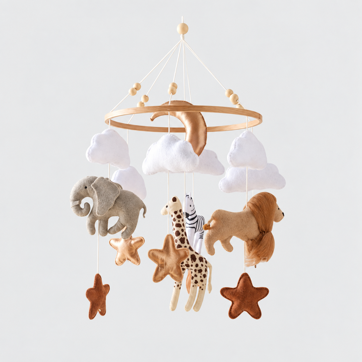 Moon & Stars crib mobile with lion, elephant, giraffe, zebra and brown stars — SKU 5734367589129