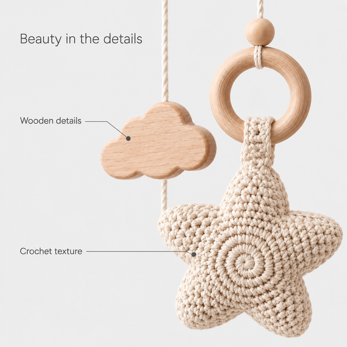 Moonveil beige mobile: crochet star texture and wooden details close up