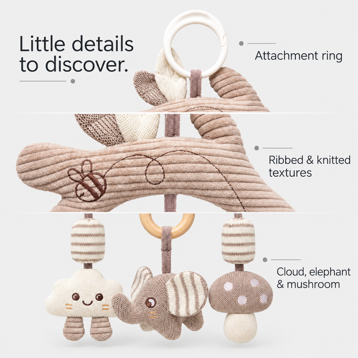 Details of the hanging toy: attachment ring, ribbed and knitted textures, cloud, elephant and mushroom
