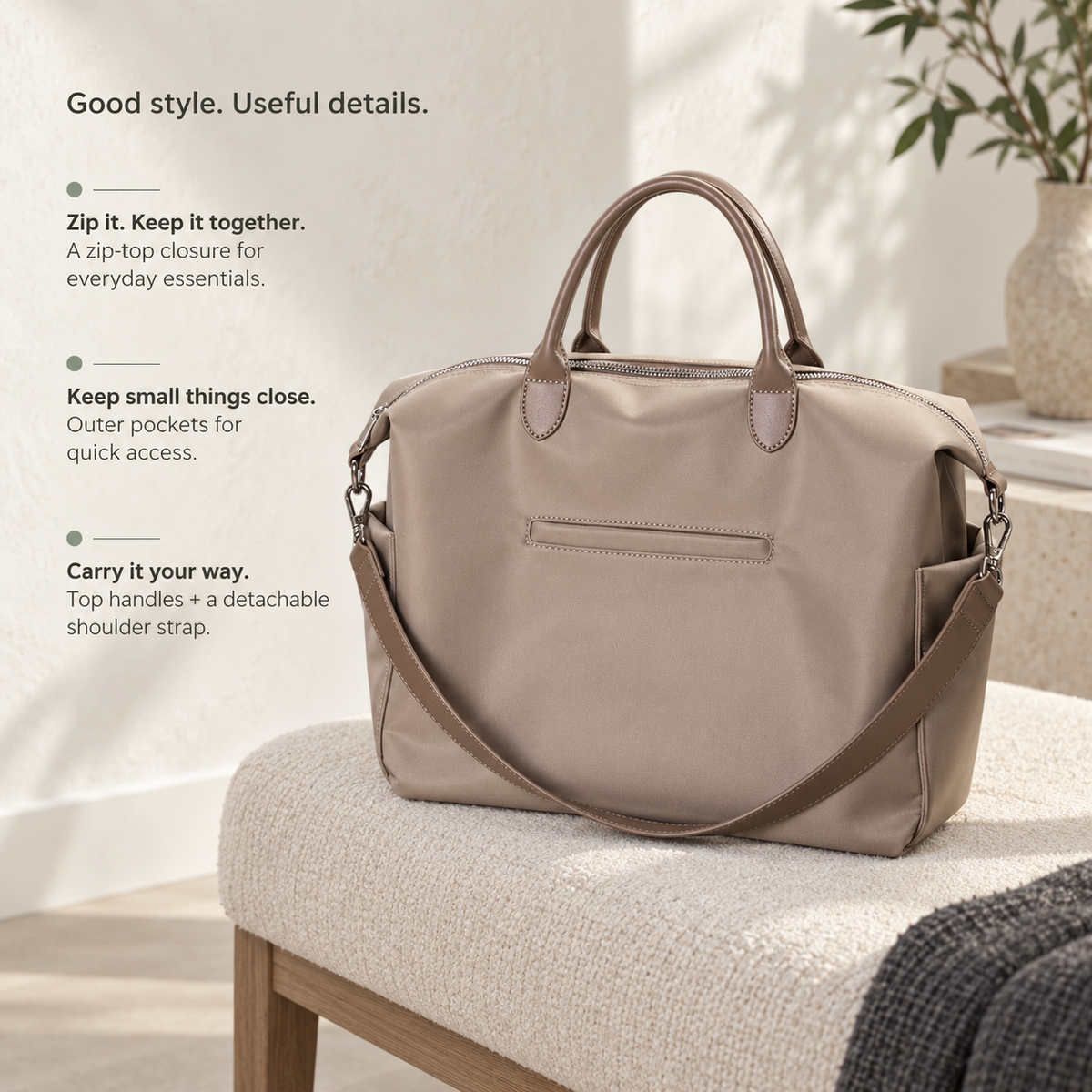 Oxford Mother Bag zip-top closure, outer pockets, top handles and detachable shoulder strap