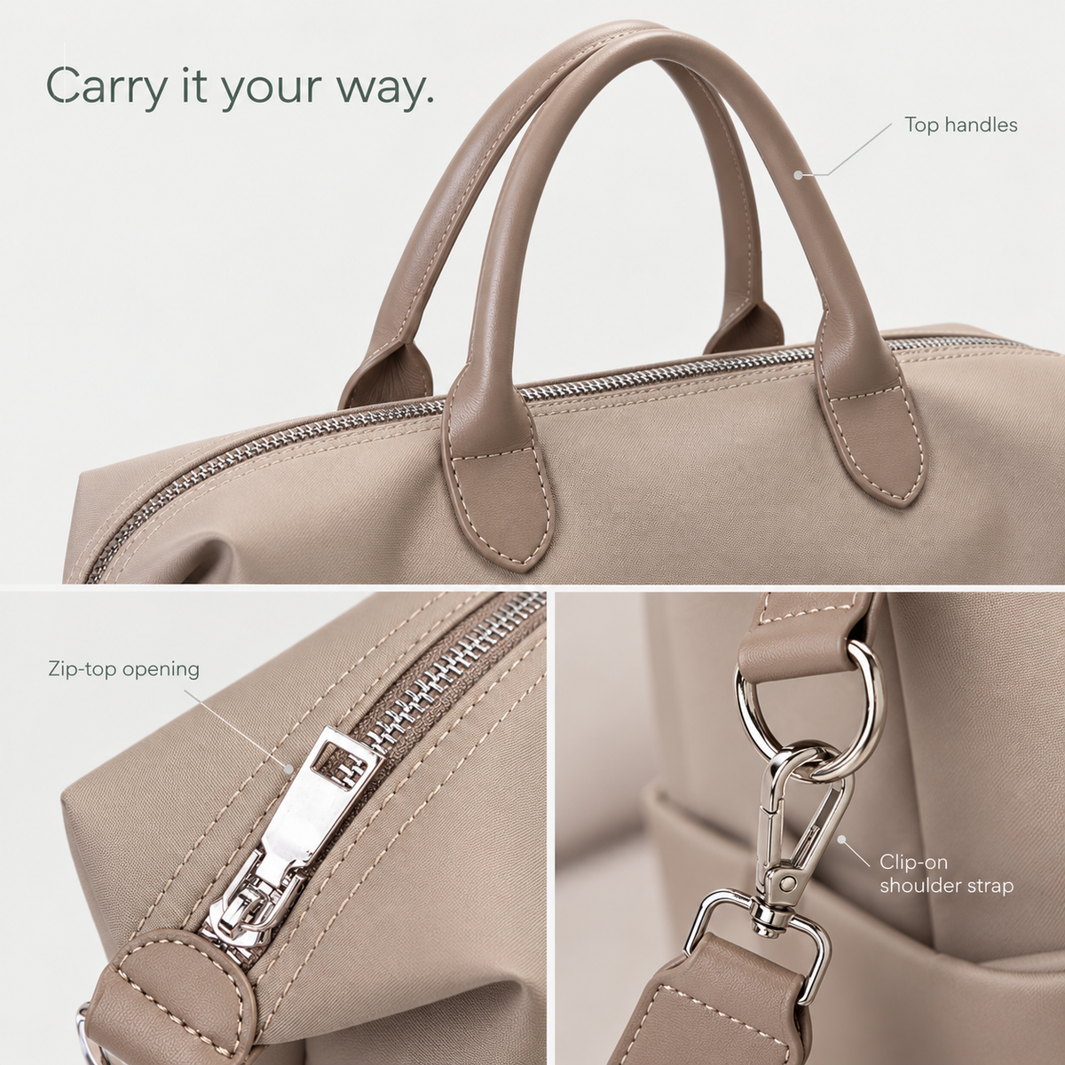 Oxford Mother Bag top handles, zip-top opening and clip-on shoulder strap