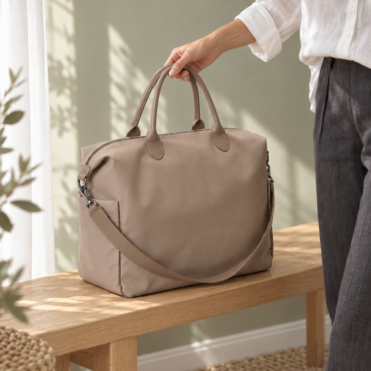 Beige Oxford Mother Bag on an oak bench, held by its handles in natural daylight
