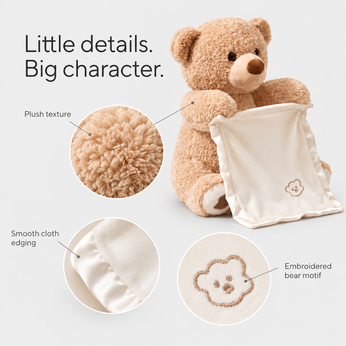 Peekaboo Bear details — plush texture, smooth cloth edging and embroidered bear motif