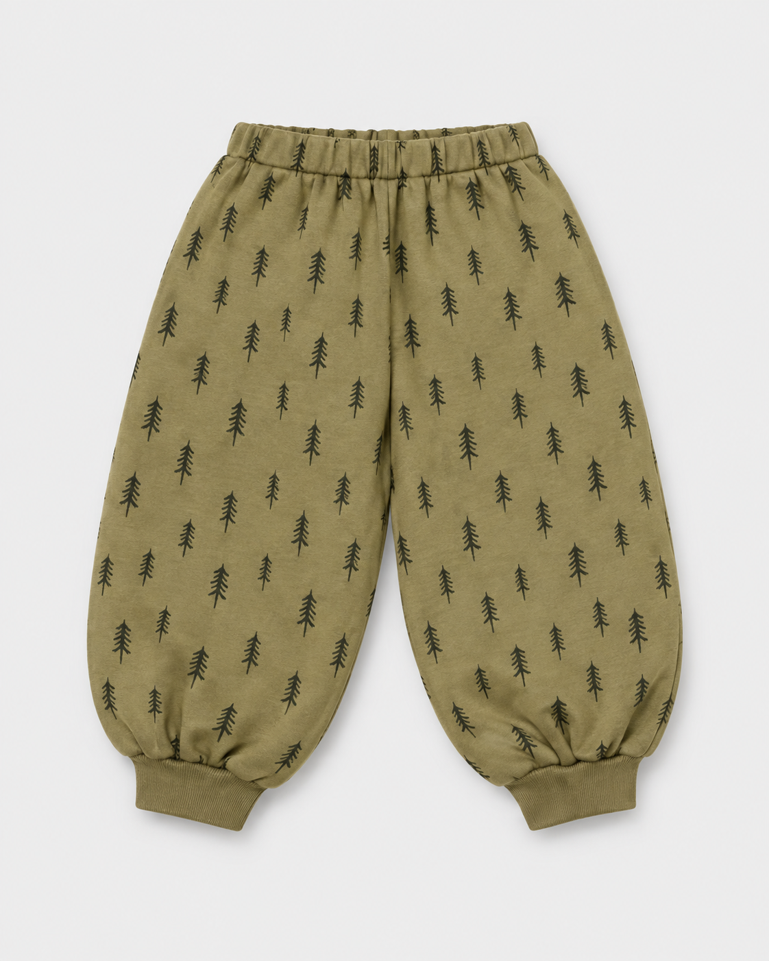 PineForest — olive tree-print trousers, elastic waist