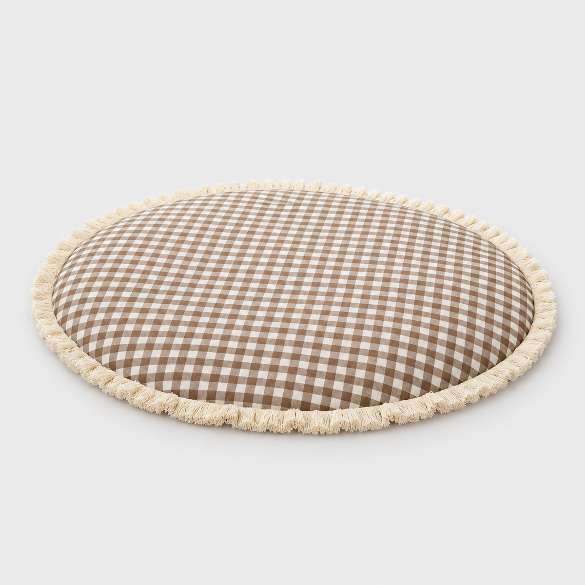 Brown gingham round play mat with cream fringe