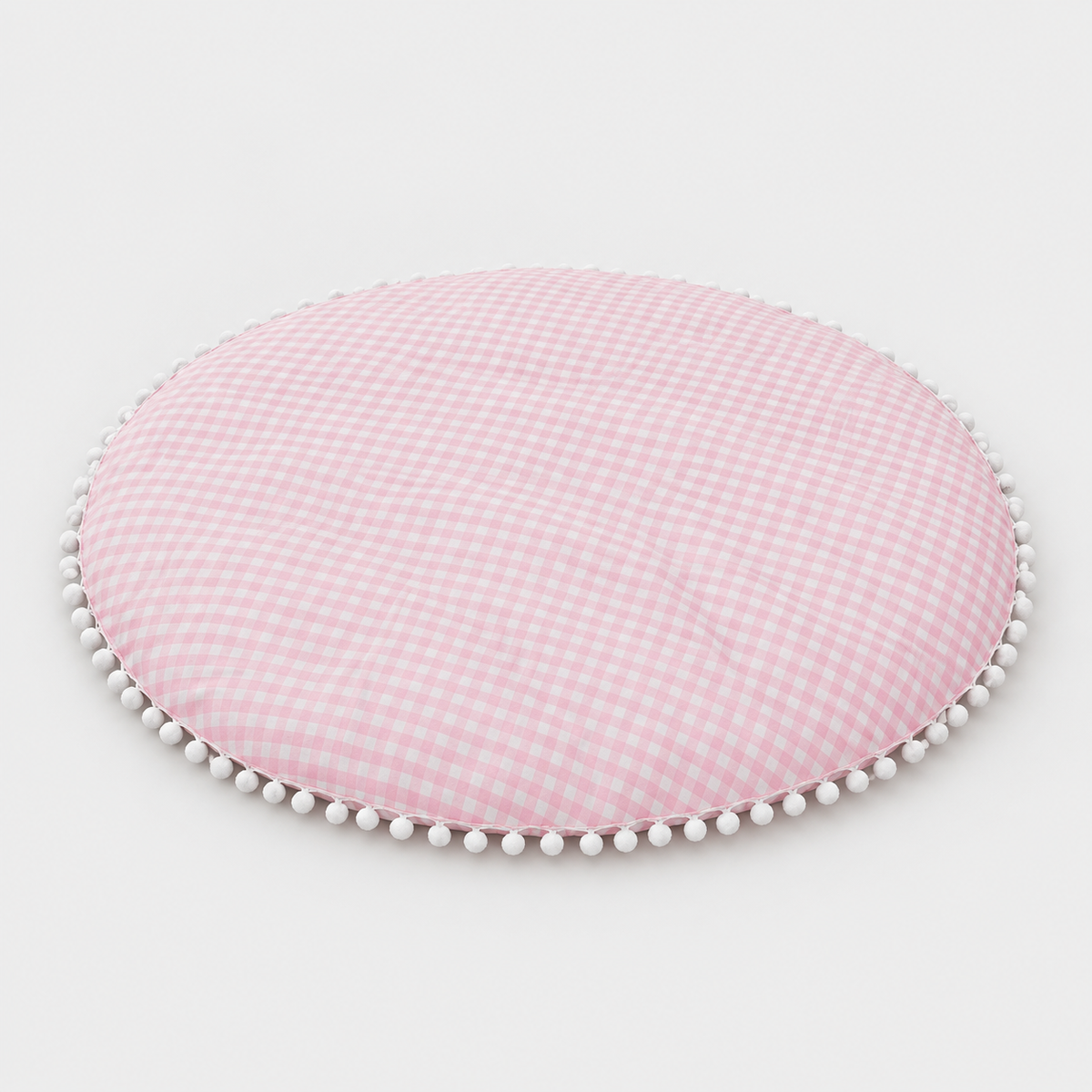 Pink gingham round play mat with white pom-pom edging