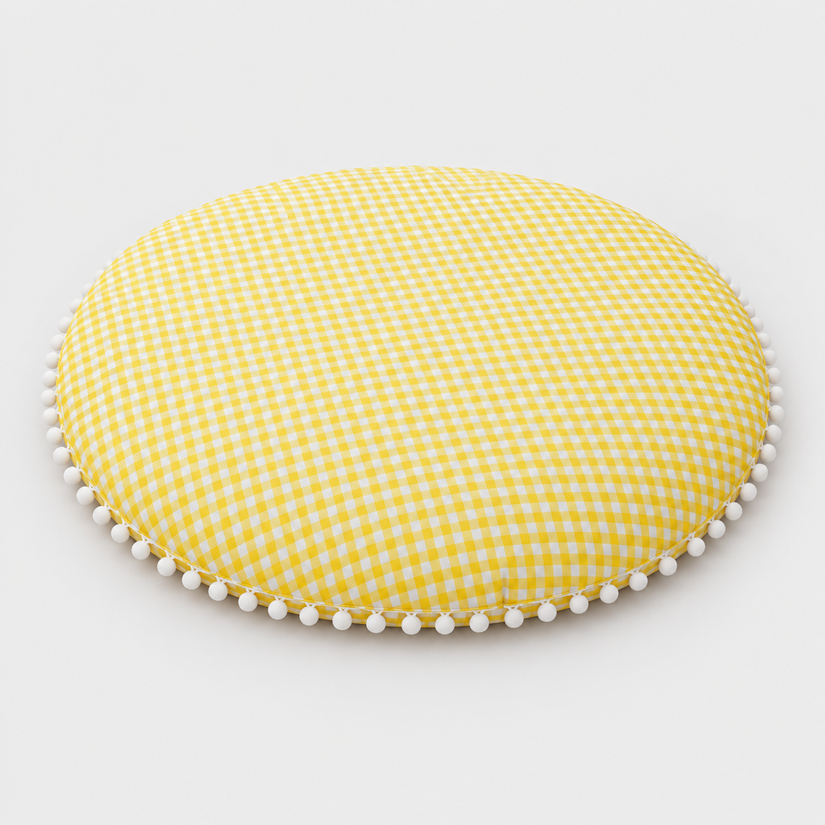 Yellow gingham round play mat with white pom-pom edging