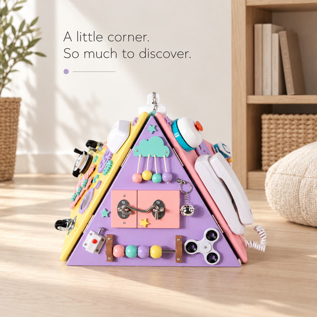 Pastel Pyramid Busy Board in a sunlit play corner.