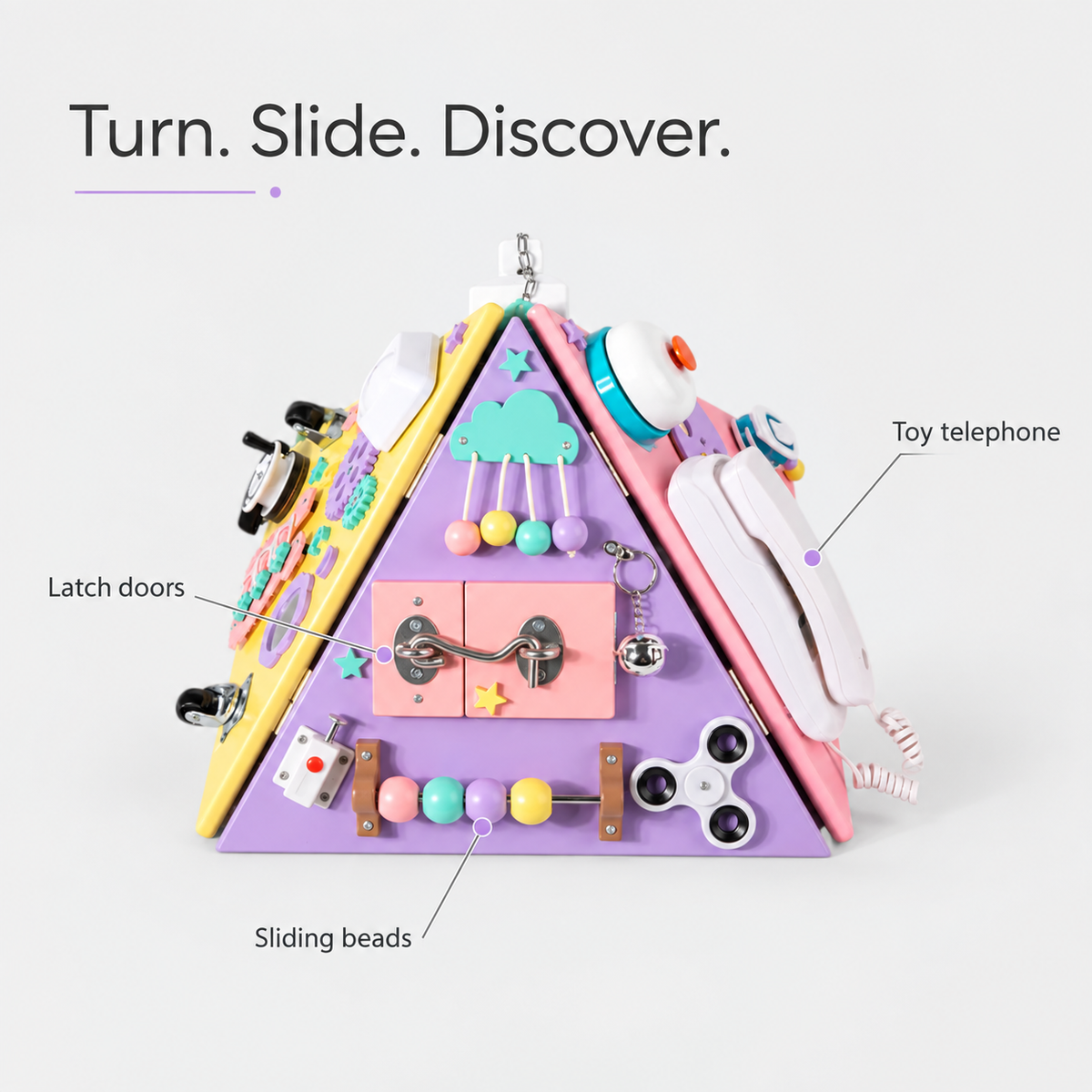 Pyramid Busy Board details: sliding beads, latch doors and toy telephone.
