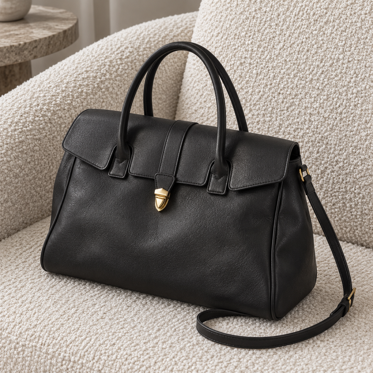 Black Retro Flap Tote standing neatly on an ivory boucle sofa, showing its front flap, gold clasp and adjustable shoulder strap