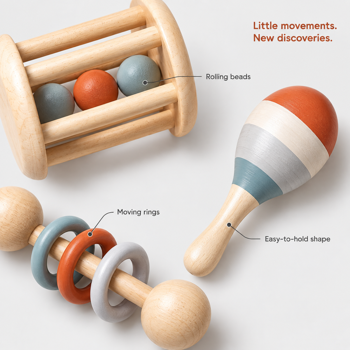 Close-up details showing enclosed rolling beads, moving rings and the maraca handle.