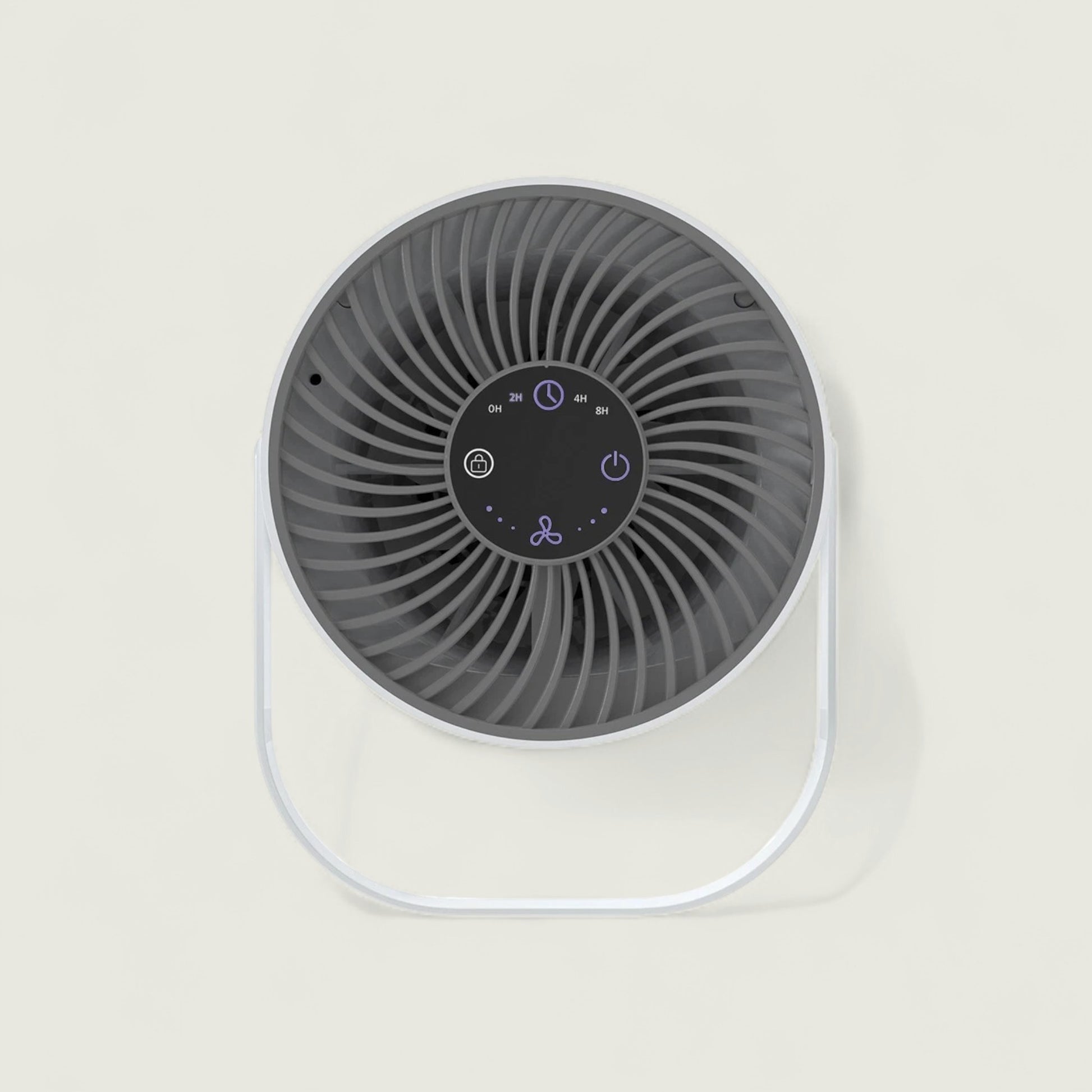 Portable fan with a black fan blade and white base on a light gray background