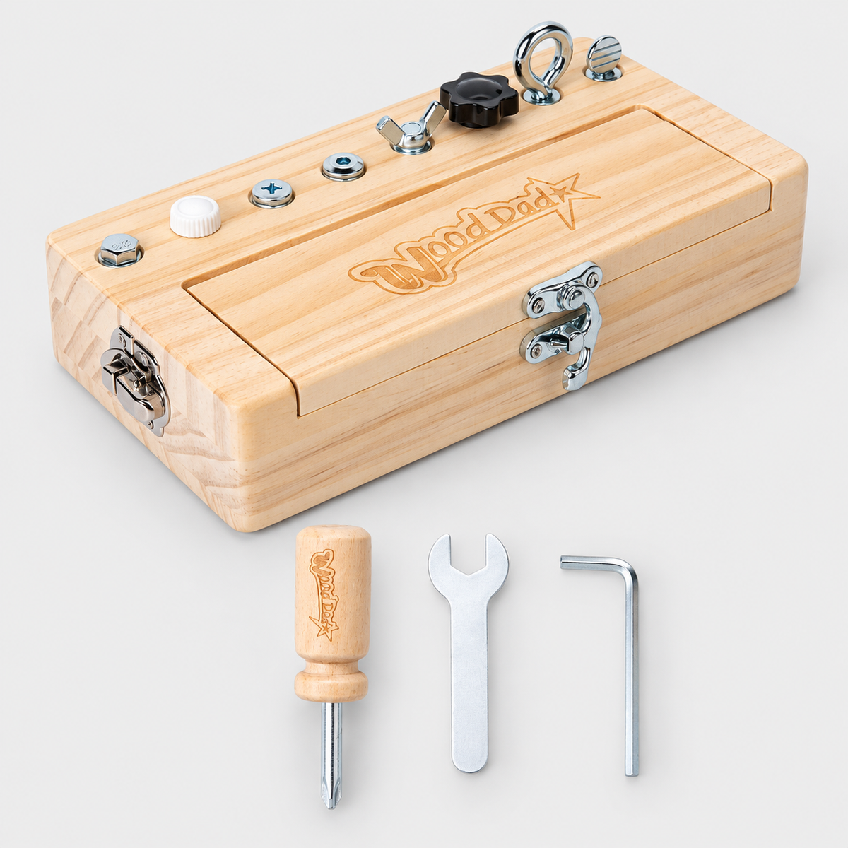 Wooden activity toolbox with eight fasteners and three included tools