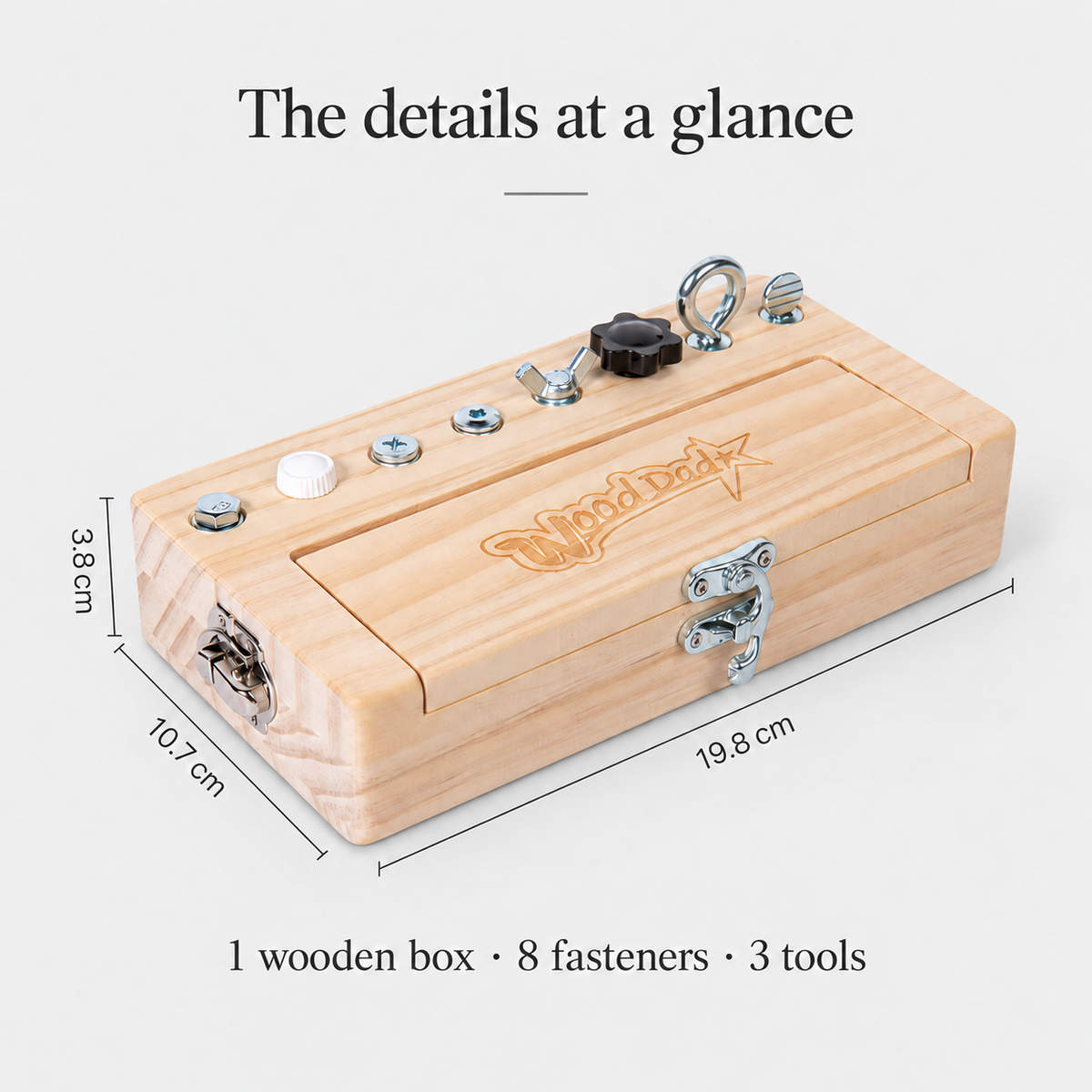 Wooden box dimensions: 19.8 by 10.7 by 3.8 cm. Includes 8 fasteners and 3 tools.