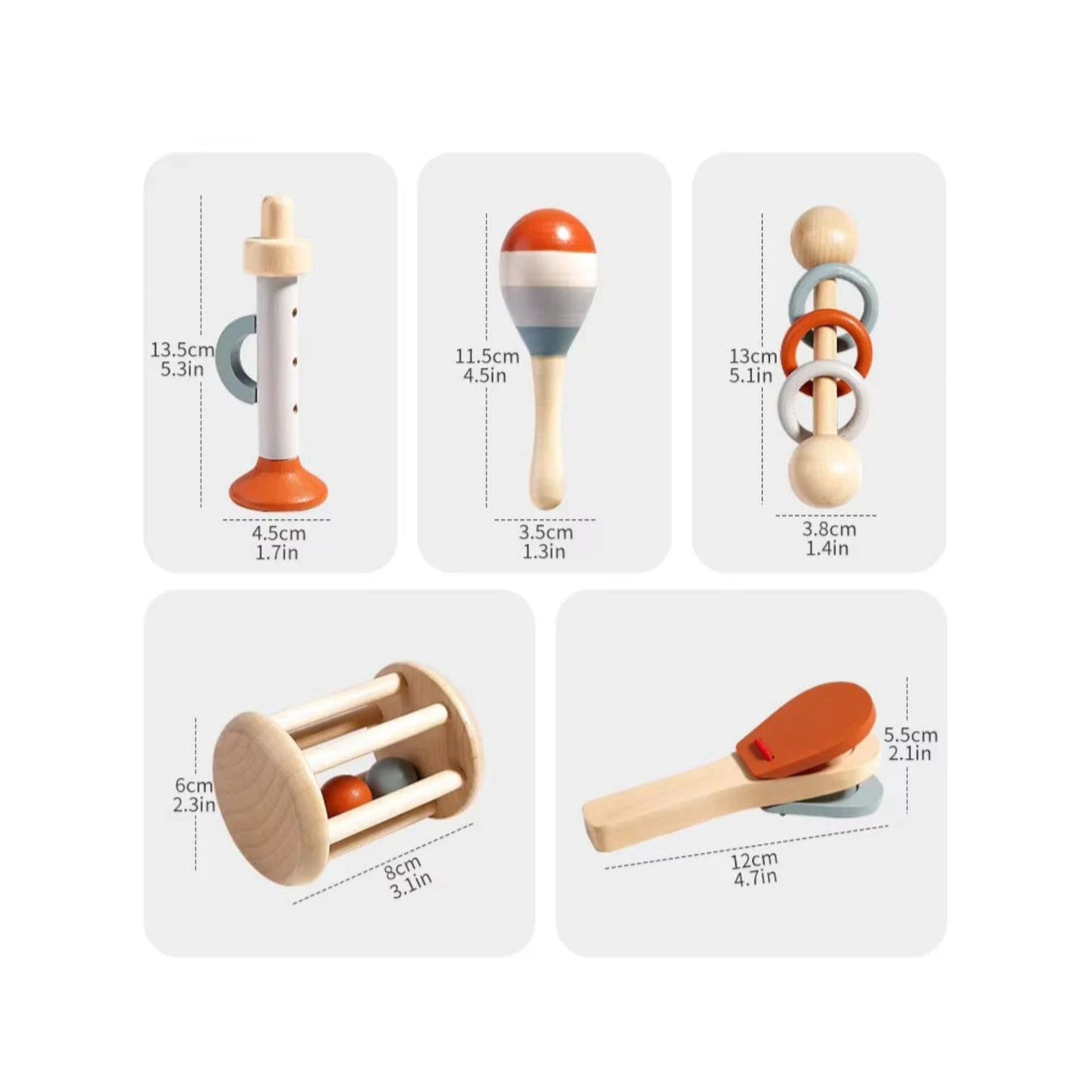 Set of wooden baby toys with measurements on a white background