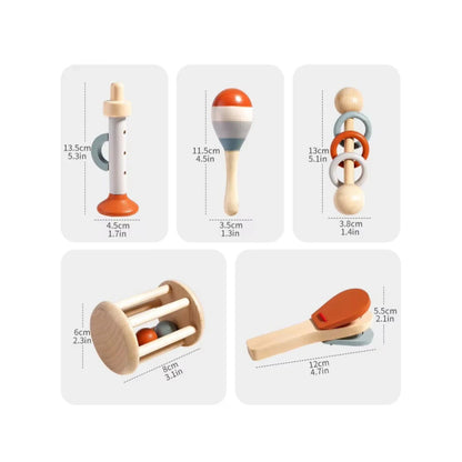 Set of wooden baby toys with measurements on a white background