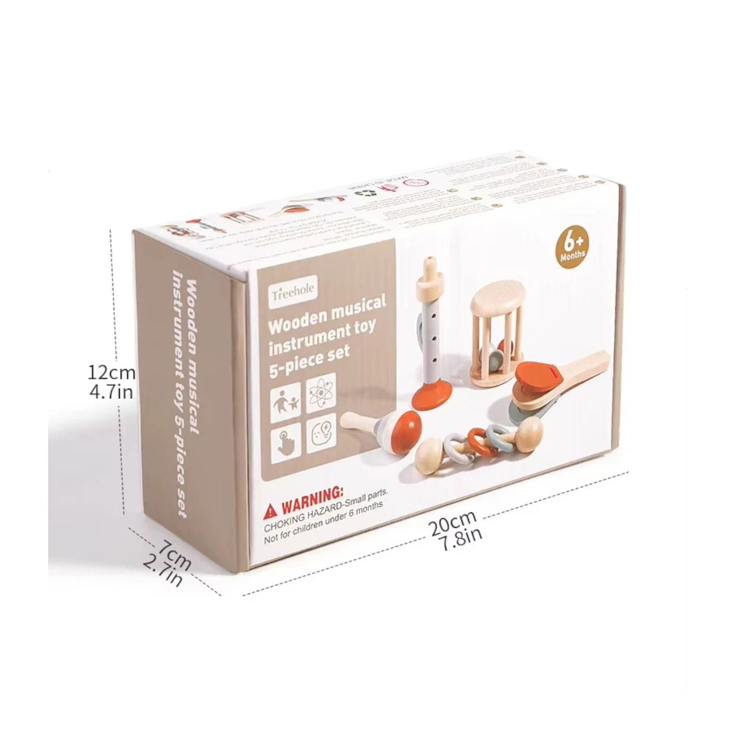 Box of a wooden musical instrument toy set with dimensions and warning label.