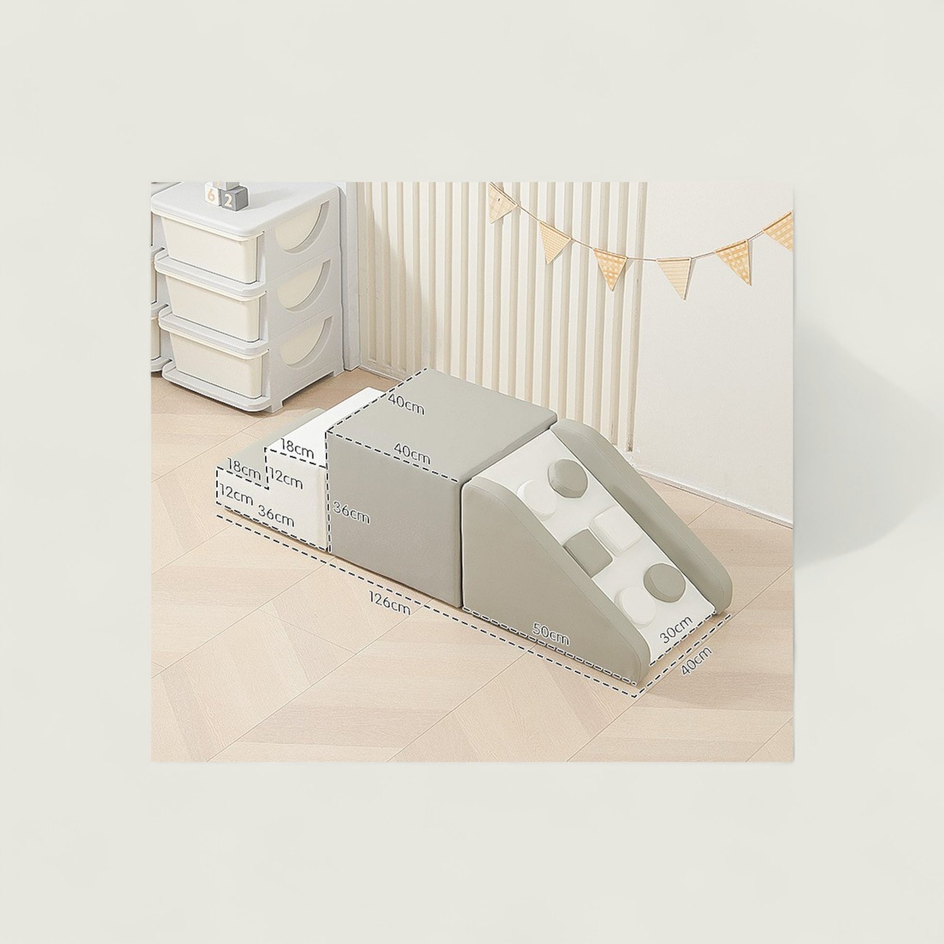 Gray wedge-shaped product on a white surface with a neutral background