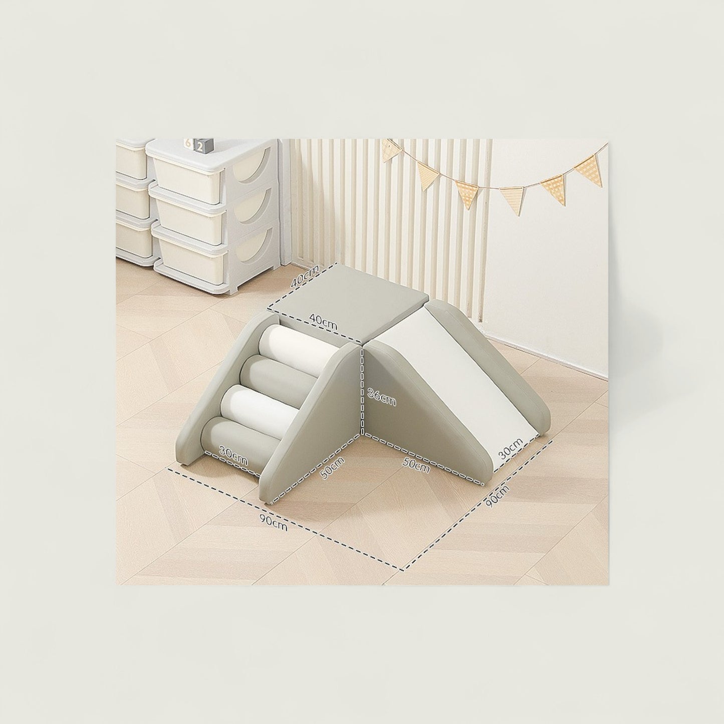 Children's playpen with soft foam mattress on a light wooden floor.