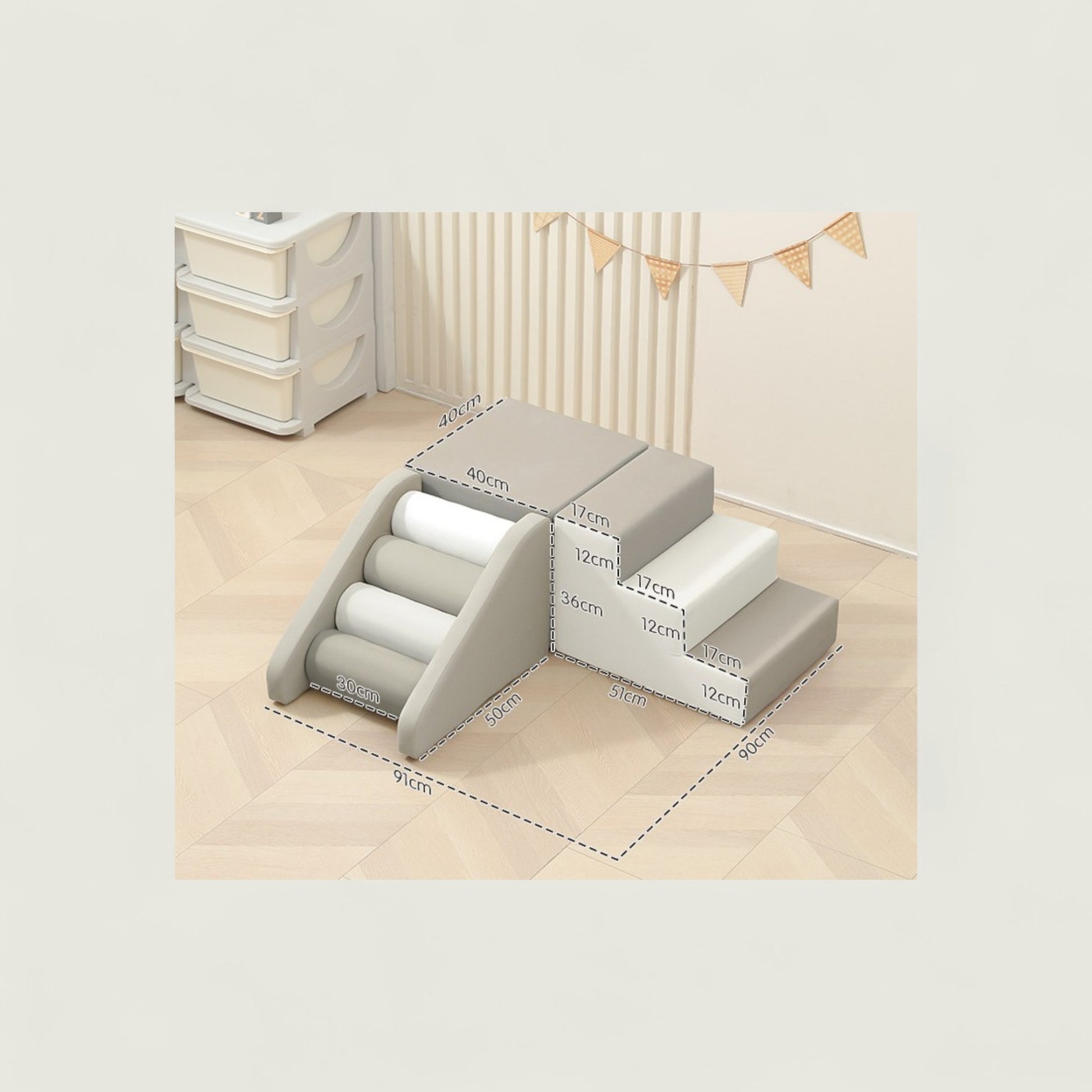Gray pet stairs with white steps on a light wooden floor.