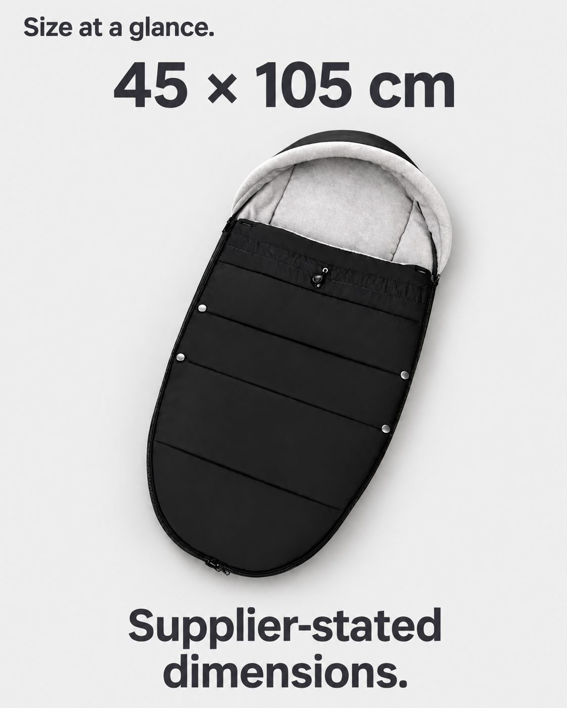 Starry Black footmuff — supplier-stated dimensions 45 × 105 cm