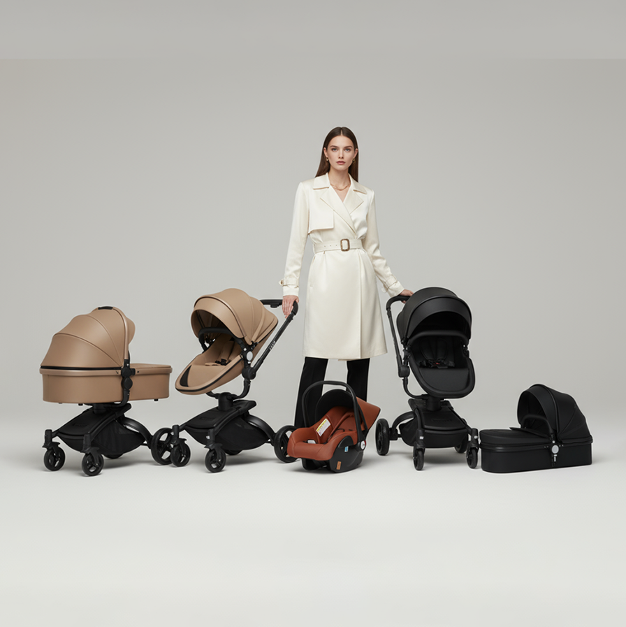 Woman holding a stroller with various baby carriages displayed around her on a gray background