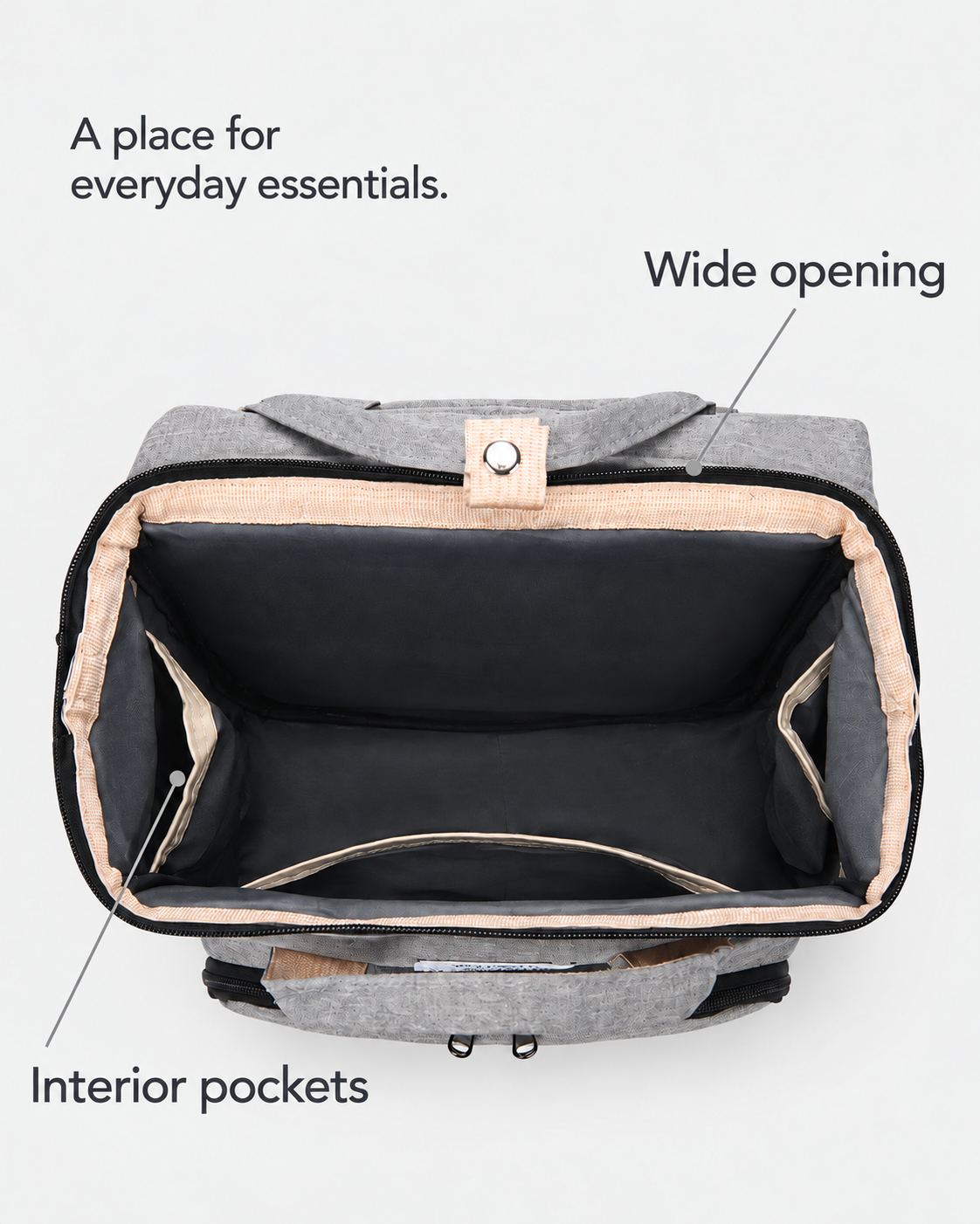 Sunshine 166 Grey backpack — wide opening and interior pockets