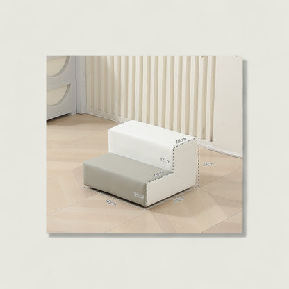 Two cushioned steps with measurements on a light wood floor.