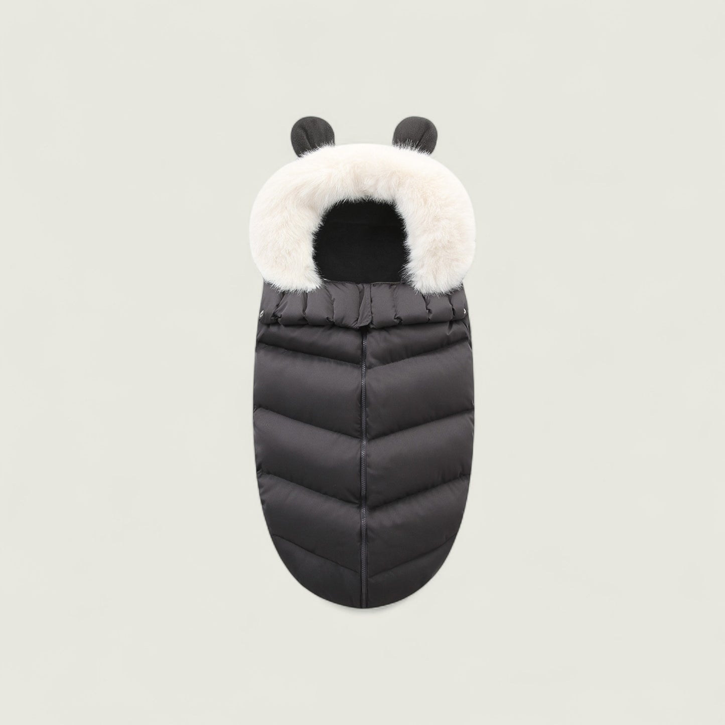 Black puffer baby bag with white fur hood on a light gray background