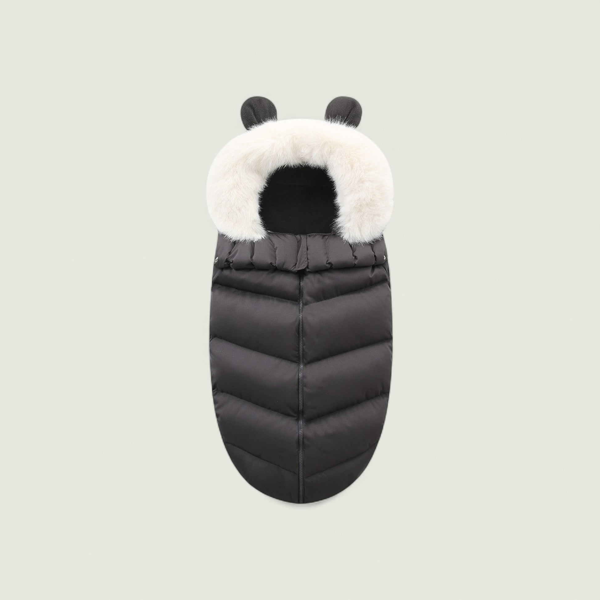 Black puffer baby bag with white fur hood on a light gray background