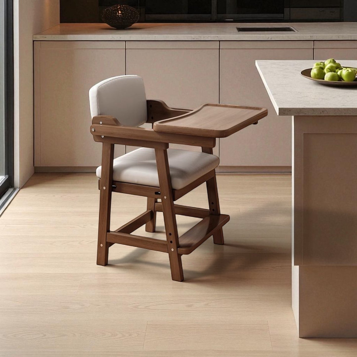 Wooden high chair with white cushion in a kitchen setting