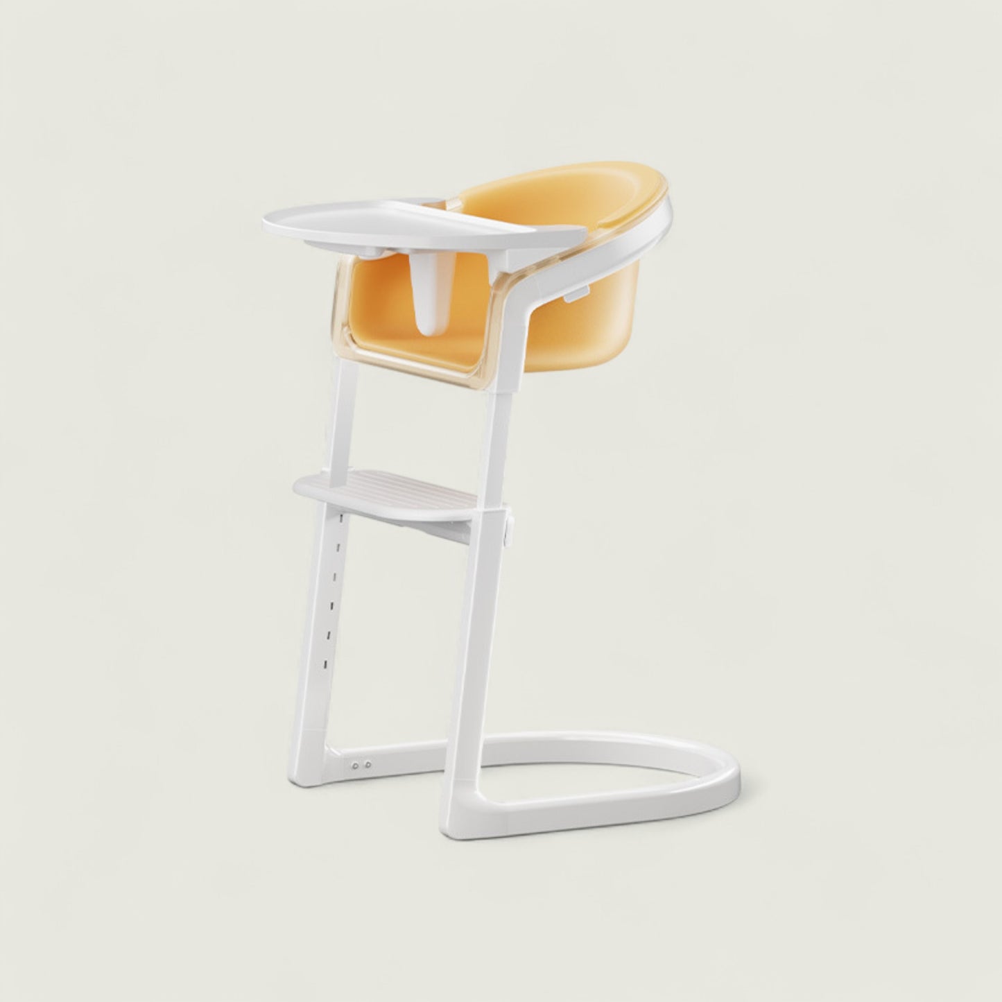 White high chair with yellow seat on a light gray background